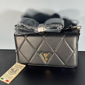 Valentino Orlandi Black Quilted Crossbody with Gold Accent